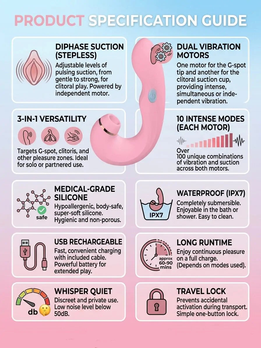 3-in-1 Dual Vibrating Suction Vibrator – G-Spot Curved vibrator with Clitoral Suction