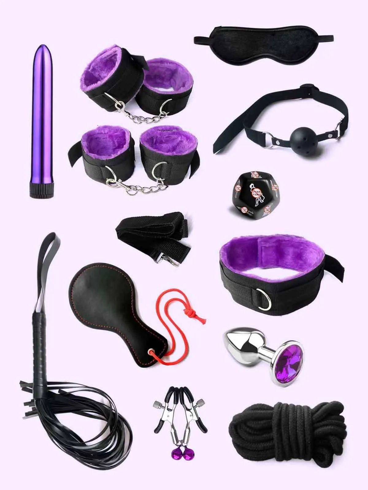 12-Piece BDSM Kit India – Complete Bondage Set with Fur Cuffs, Blindfold & Crystal Plug