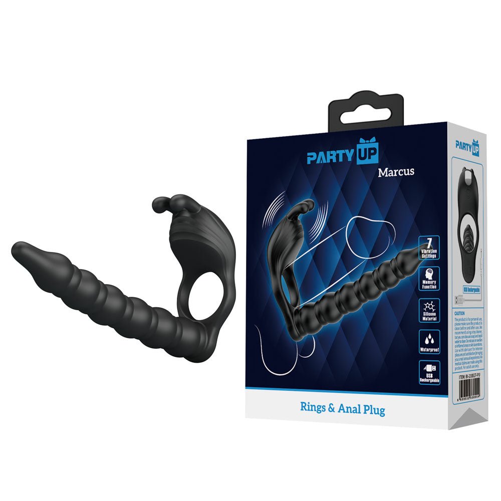 Party Up Marcus - Vibrating Cock Ring Plug with Double Penetrator - Black