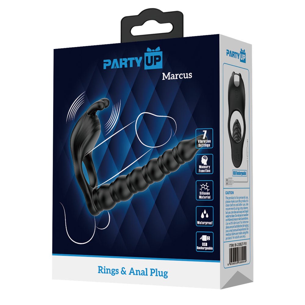 Party Up Marcus - Vibrating Cock Ring Plug with Double Penetrator - Black