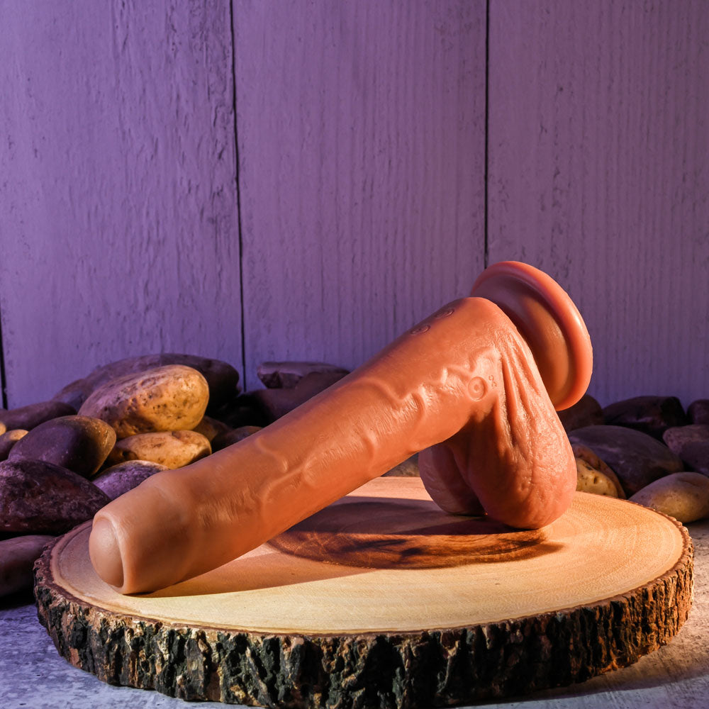 Evolved Peek A Boo 8.5 Inch Vibrating Uncut Dildo - Dark Brown