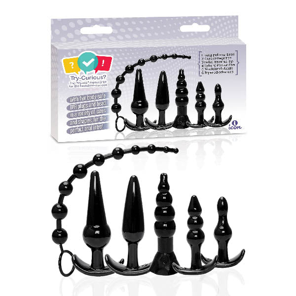 Try-Curious Black Anal Plug Kit - Set of 6