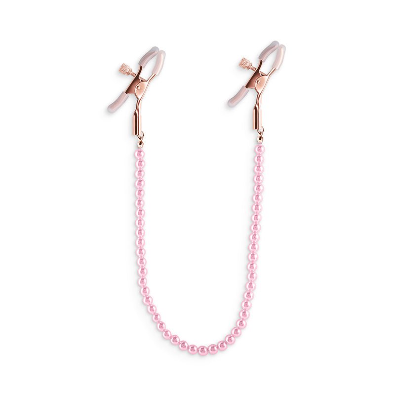 Bound Gold Nipple Clamps with Pink Pearl Chain