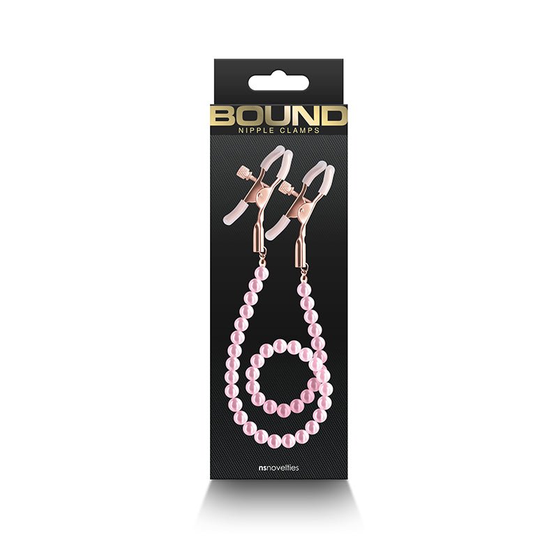 Bound Gold Nipple Clamps with Pink Pearl Chain