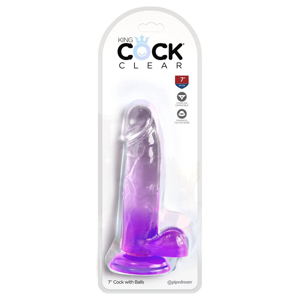 King Cock Clear 7 Inch Dildo with Balls - Purple