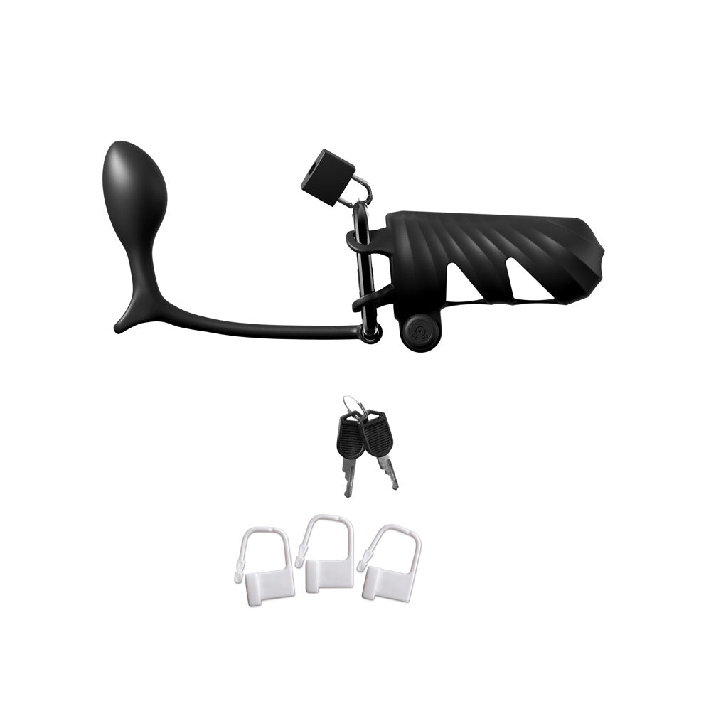 Fantasy C-Ringz Remote-Controlled Vibrating Cock Blocker Cage with Ass-Gasm Plug