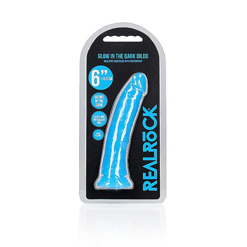 RealRock 6 Inch Slim Glow in the Dark Neon Dildo- Blue