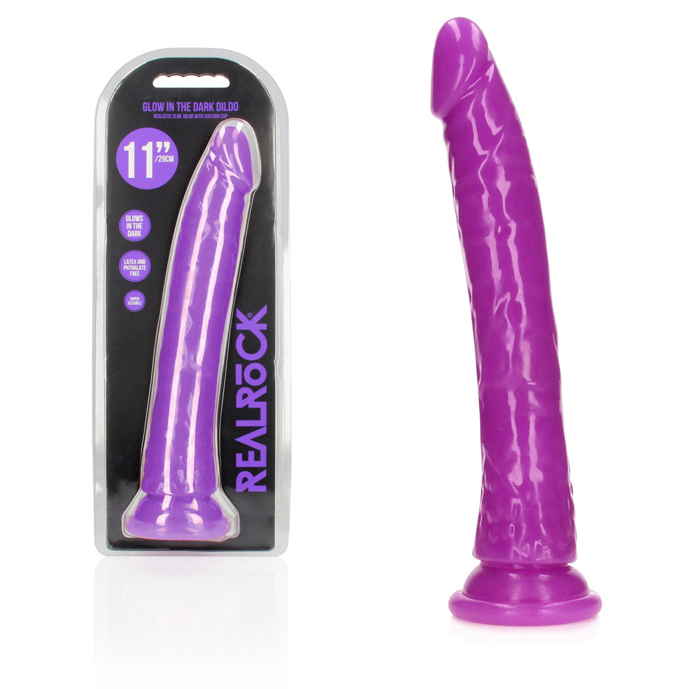 RealRock 11 Inch Slim Glow in the Dark Neon Purple Dildo