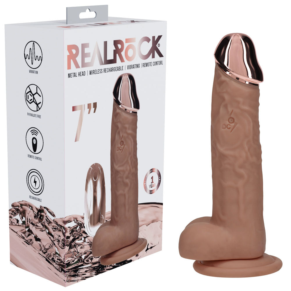 RealRock Metal Head 7 Inch Rechargeable Vibrating Dildo with Remote - Tan