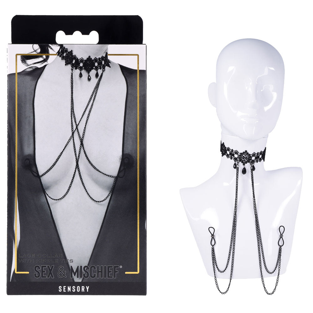 Sex & Mischief Lace Collar with Nipple Ties - Black