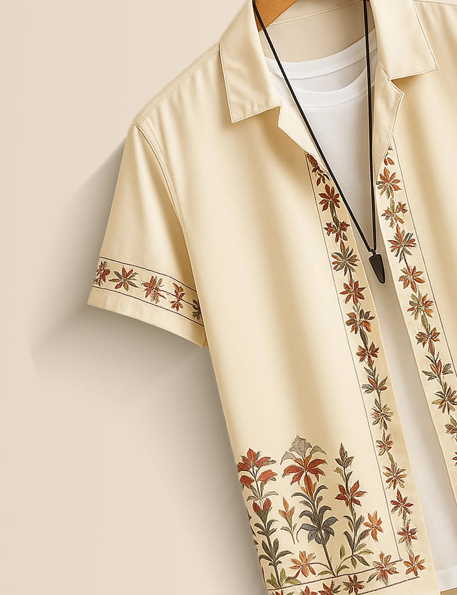 Men's Cream Floral Embroidered - Printed Half Sleeve Shirt
