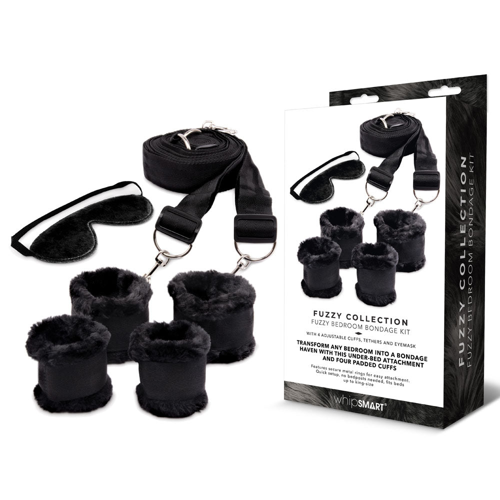 WhipSmart Fuzzy Bedroom Bondage Kit - Under The Bed Restraint Set - Black