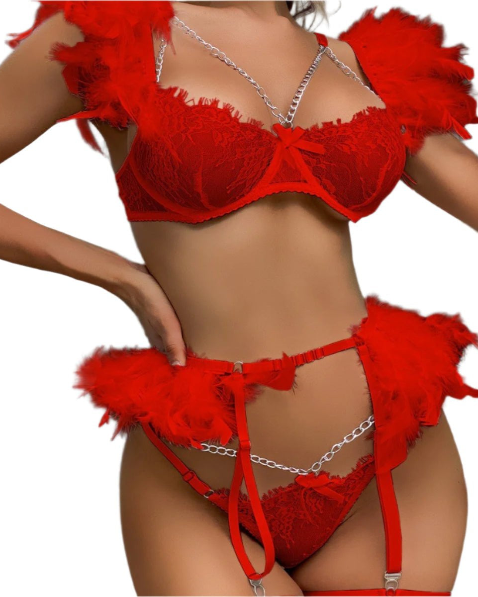 Show Him Your Dangerous Side – 4 Piece Set with Panty, Garter Belt & Leg Garters