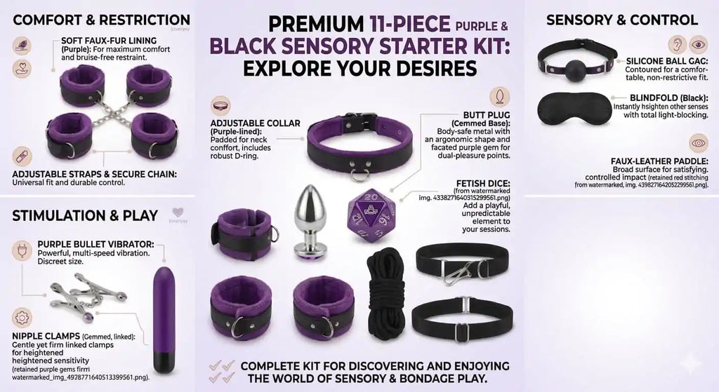 12-Piece BDSM Kit India – Complete Bondage Set with Fur Cuffs, Blindfold & Crystal Plug