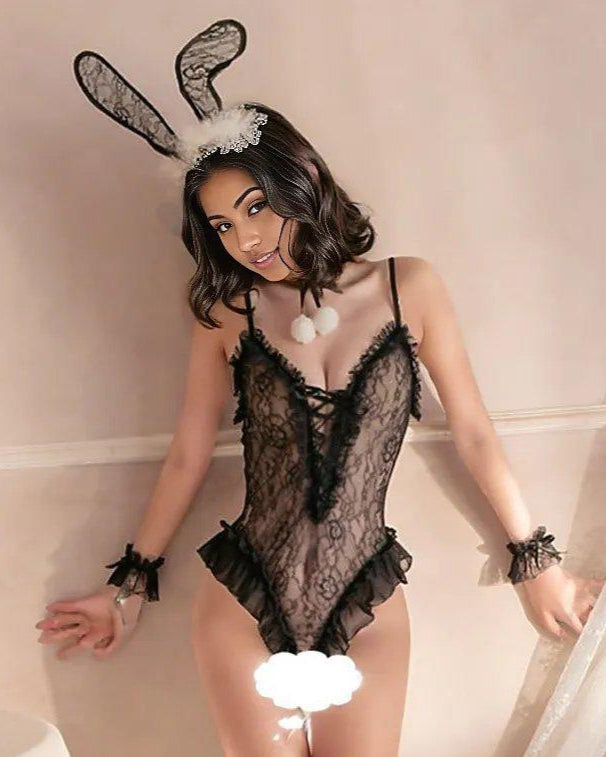 Hop Straight Into His Crimson Fantasy – 4 Piece Set with Bunny Ears, Thigh Band & Cuffs