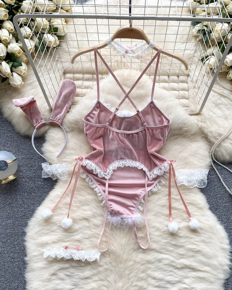 Make Velvet His Favourite Temptation – 4 Piece Set with Bunny Ears, Choker & Leg Garters