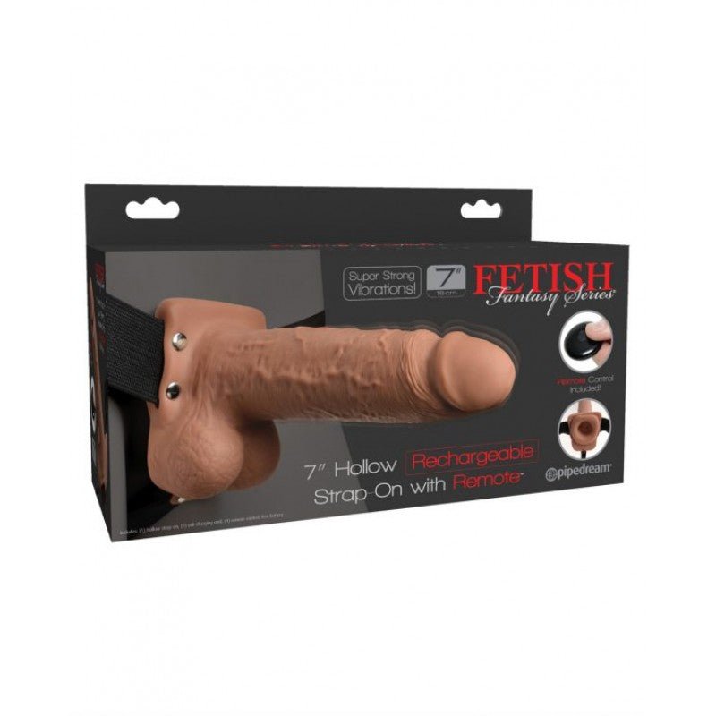 Fetish Fantasy Vibrating 7 Inch Hollow Strap-On with Remote Control - Tan