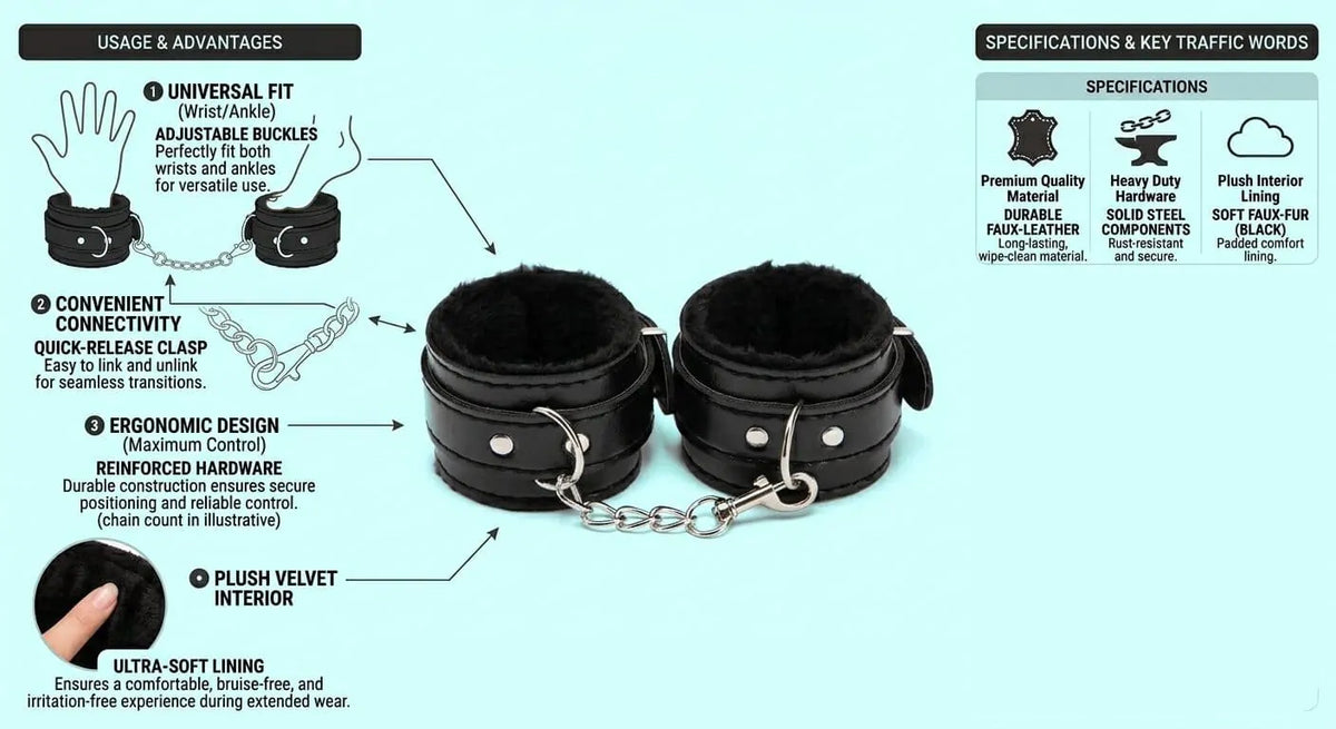 Premium Faux Fur Lined Leather Handcuffs – Adjustable Soft Plush Wrist Restraints for Couples – Professional Quality Bondage Gear