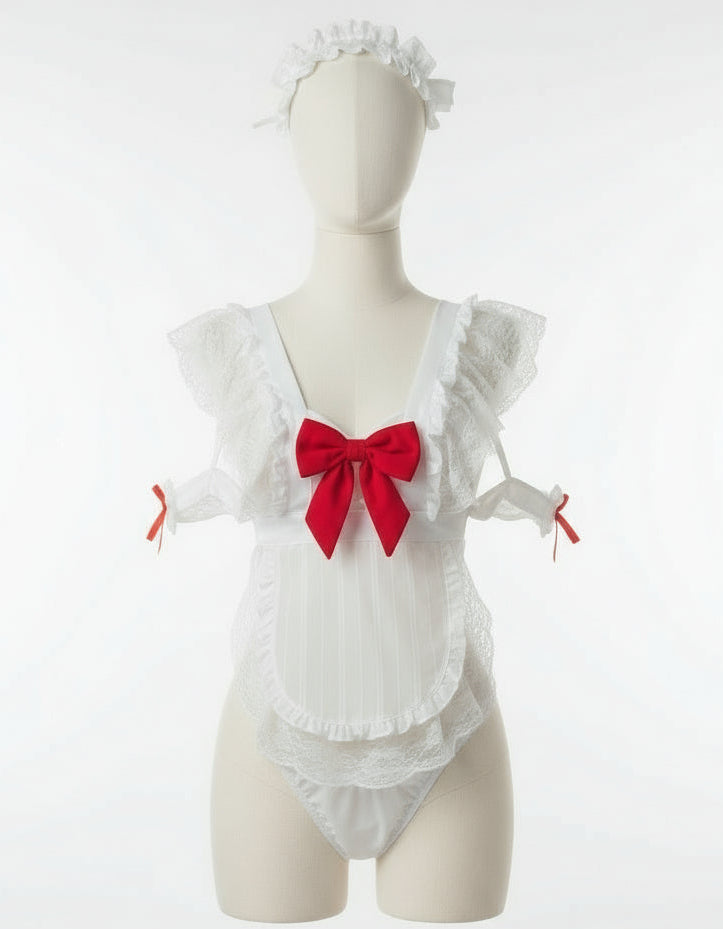 Make His French Maid Fantasy Real – 6 Piece Set with Panty, Headpiece & Stockings