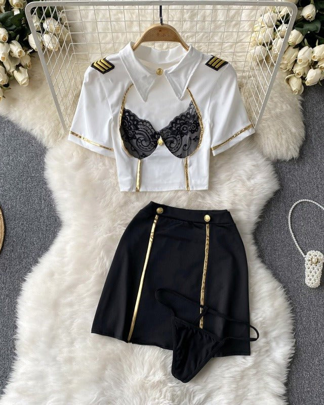 Be the Captain of His Fantasy – 4 Piece Set with Skirt, Panty & Stockings