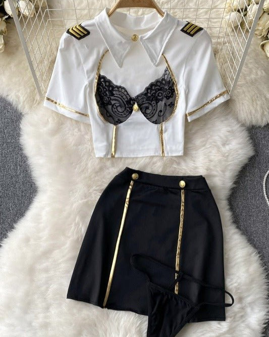 Be the Captain of His Fantasy – 4 Piece Set with Skirt, Panty & Stockings