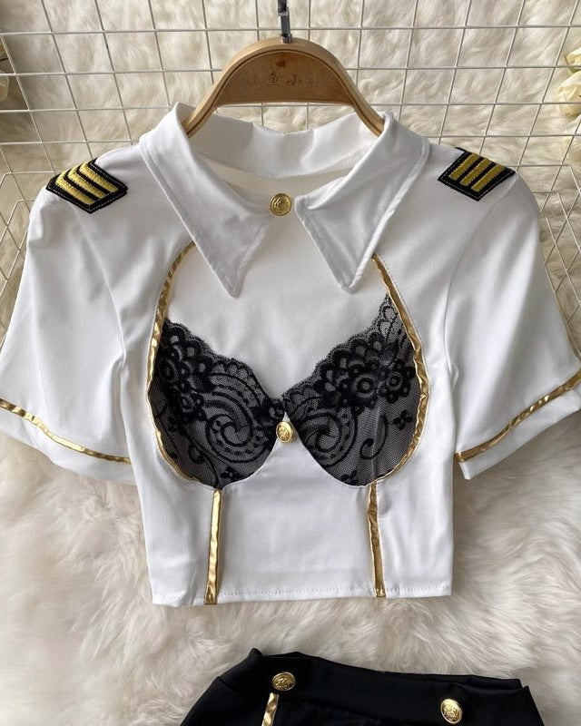 Be the Captain of His Fantasy – 4 Piece Set with Skirt, Panty & Stockings