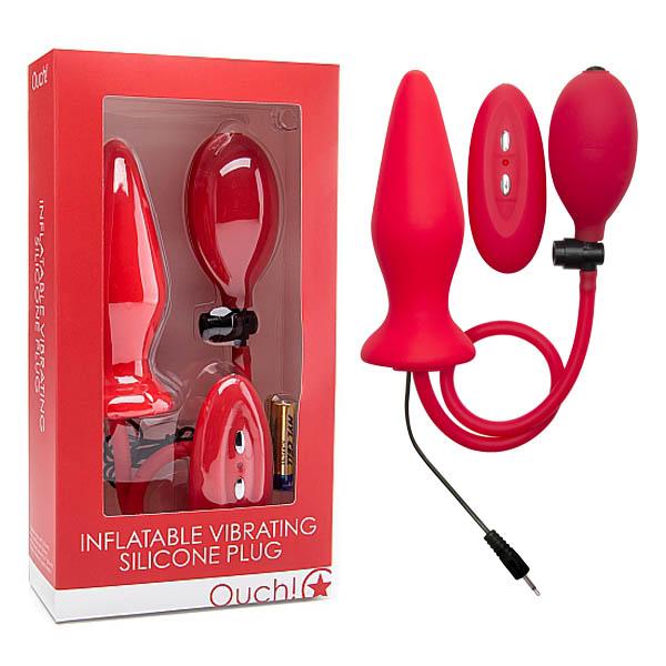 Ouch! Inflatable Vibrating Silicone Butt Plug - Red