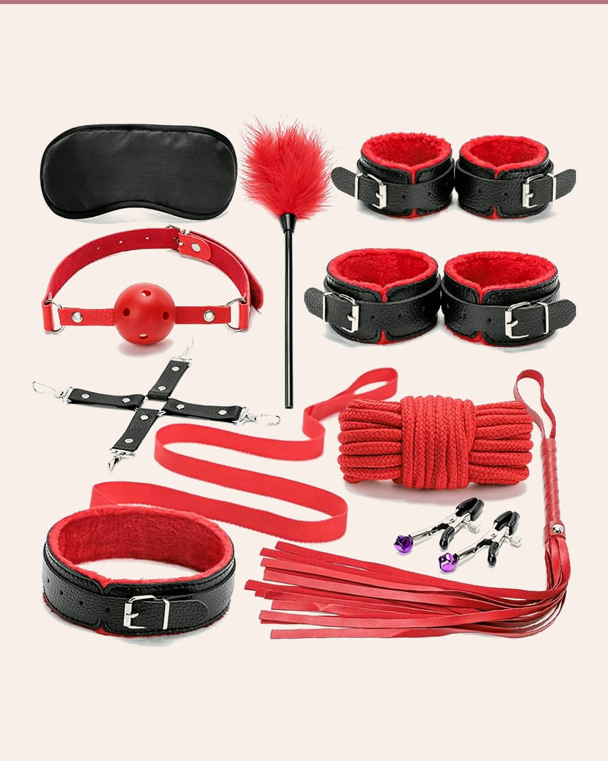 Take Control Of Every Moment – 10 Piece Set with Choker, Blindfold & Flogger
